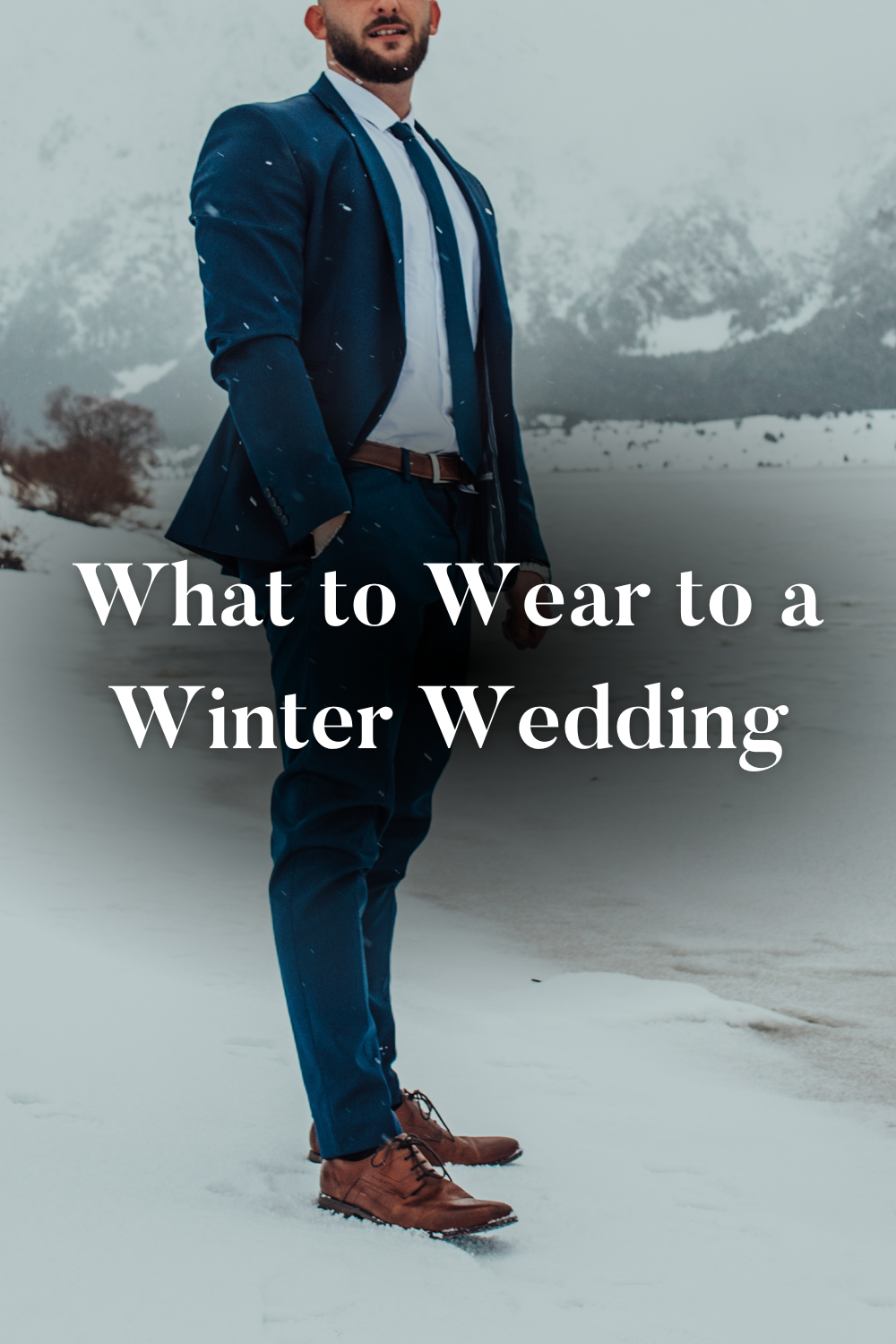 Blog post cover of man in a suit standing in snow with text overlay that says, "what to wear to a winter wedding"