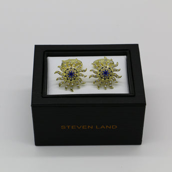 Steven Land Cufflinks Set | Aztec Sun Shape | Sapphire crystal Gemstones | Color Gold