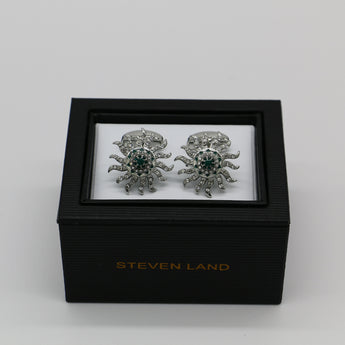 Steven Land Cufflinks Set | Aztec Sun Shape | Sapphire crystal Gemstones | Color Silver