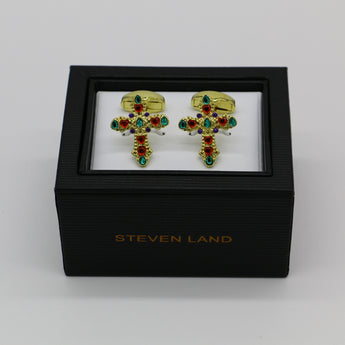 Steven Land Cufflinks Set | Cortez | Multi Colored Gems | Cross Shape