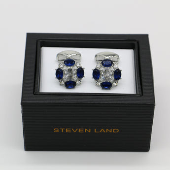 Steven Land Cufflinks Set | Blue Sapphire & Diamond Cocktail | Color Silver