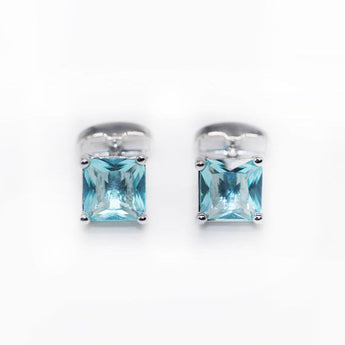 Men's cufflinks with square cut blue gem stone in silver frame