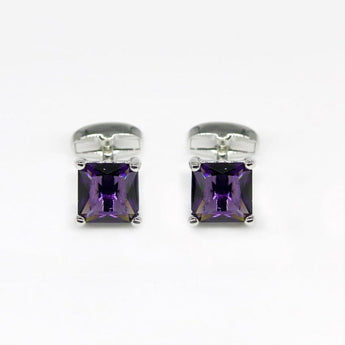 Men's cufflinks with square cut purple gem in silver frame