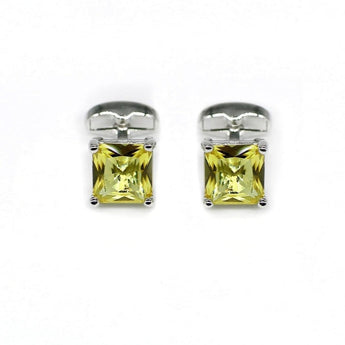 Men's cufflinks with square cut yellow gem stone in silver frame