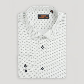 Micro Dot Dress Shirt | Classic Collar | Mitered Barrel Cuff | White with Black Micro dot Pattern