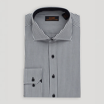 black striped men's dress shirt with barrel cuffs and square buttons