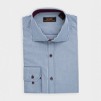 navy striped men's dress shirt designed by Steven Land with burgundy square buttons and barrel cuffs