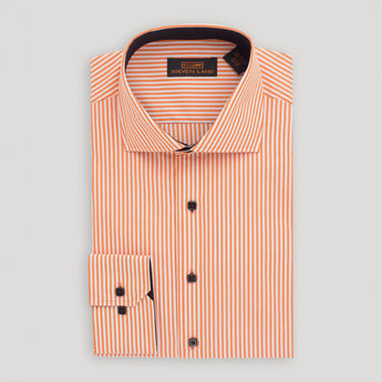 orange striped men's dress shirt designed by Steven Land with barrel cuffs and spread collar