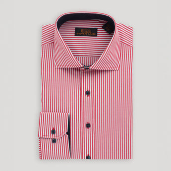 red striped men's shirt with barrel cuff and spread collar