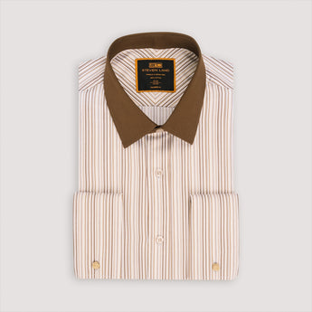 Men's brown striped dress shirt with french cuffs and solid color collar