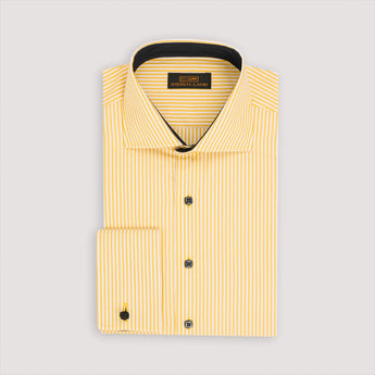 Yellow striped men's dress shirt with black interior detail and French cuffs