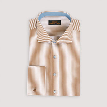 Brown striped men's dress shirt with French cuffs and light blue buttons and light blue interior color detail