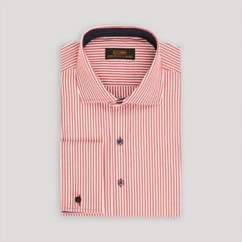 Red striped dress shirt with French cuffs and spread collar