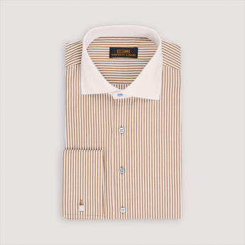 A brown striped dress shirt with white spread collar and French Cuffs