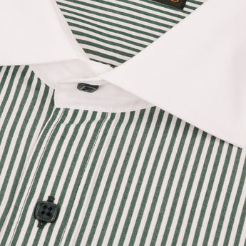 close up of dark green Bengal stripes and square buttons on a men's dress shirt