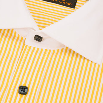 Close up of solid white collar contrasting with bright yellow stripes of a men's dress shirt