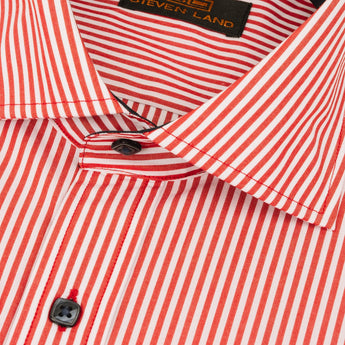 Close up of red striped dress shirt with square buttons and interior color detail