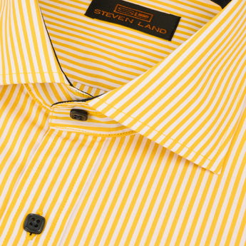 close up of a men's dress shirt with square buttons and a spread collar