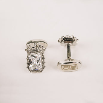 The Crown and Stone Cufflinks Set | Square Diamond Set in Silver