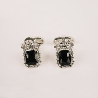 The Crown and Stone Cufflinks Set | Square Black Stone Set in Silver