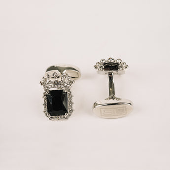 The Crown and Stone Cufflinks Set | Square Black Stone Set in Silver