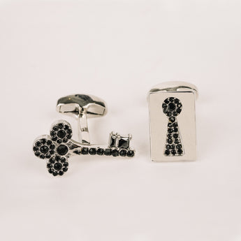 The Lock & Key Cufflinks Set | Silver with Midnight Black Stone Accent