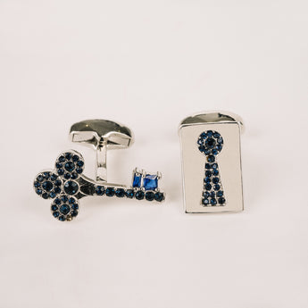 The Lock & Key Cufflinks Set | Silver with Blue Sapphire Stone Accent