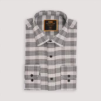 Black plaid dress shirt with black buttons and barrel cuffs