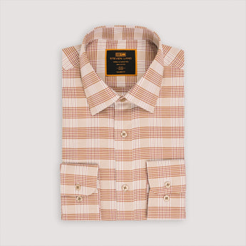 Brown plaid dress shirt with classic collar and button cuffs