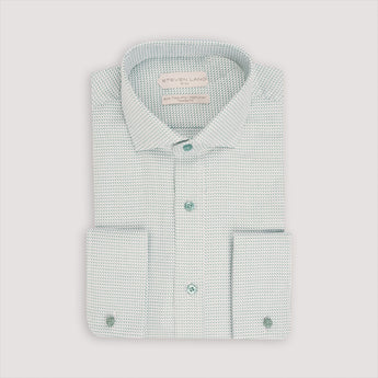 Emerald green dress shirt with semi spread collar, French cuffs, and chevron pattern