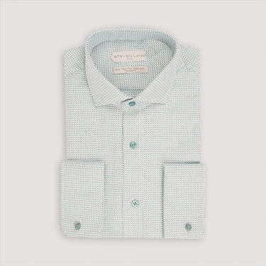 Emerald green dress shirt with semi spread collar, French cuffs, and chevron pattern