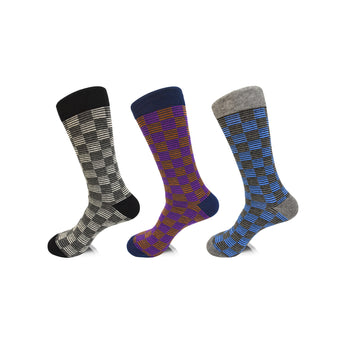 Checkered & Striped Dress Socks | Set of 3 Pairs | Pack of Grey, Purple, and Blue