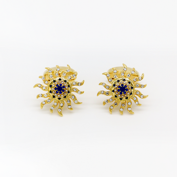 Steven Land Cufflinks Set | Aztec Sun Shape | Sapphire crystal Gemstones | Color Gold