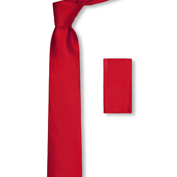 Steven Land Solid Essential Collection 100% Silk Tie and Matching Hanky - Red Color