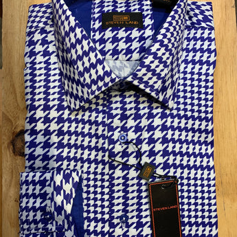 Steven Land | Split Collar Houndstooth Stretch Shirt | Royal Blue